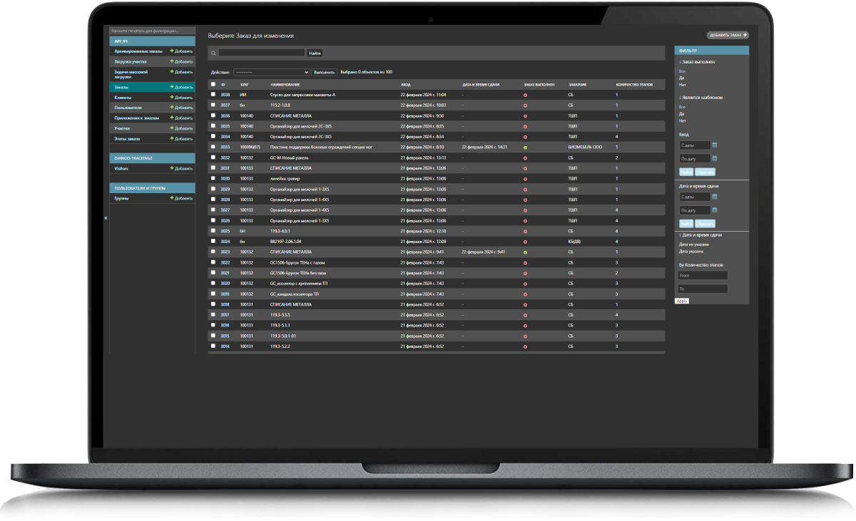 Панель администрирования ERP системы PMPlan